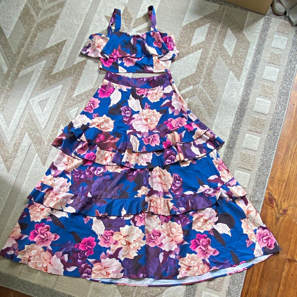 Women’s 2-Piece Floral Dress Set Tank Top & Tiered Maxi Skirt M